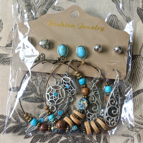 Bohemian Southwestern Earrings Silver Plated Set - Picture 7 of 9